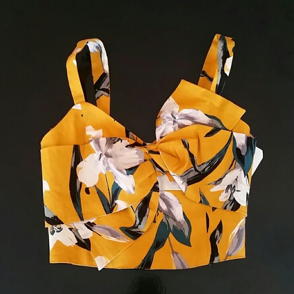 Leith Mustard Yellow Floral Bow Front Top w/Lilies